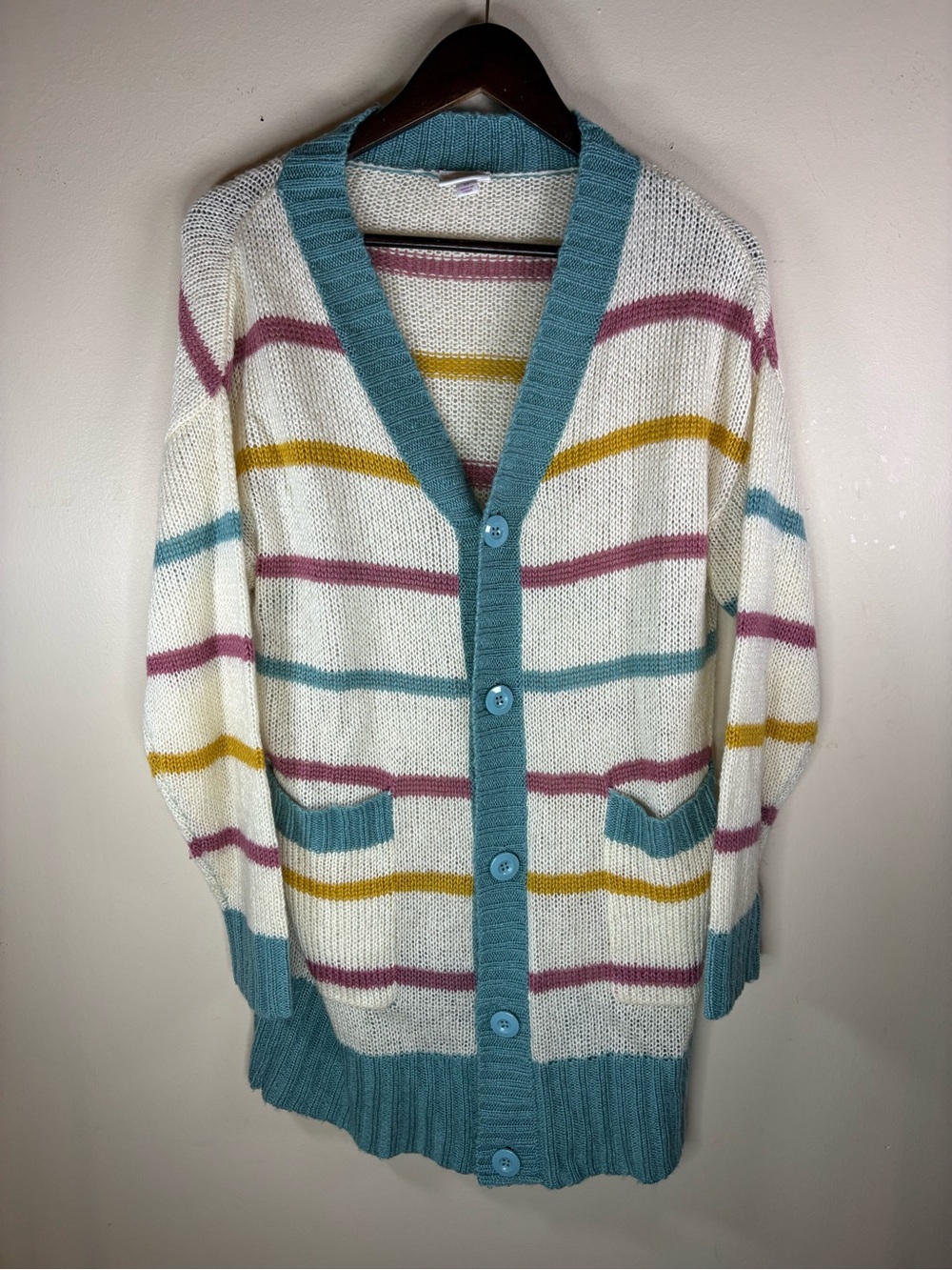 LuLaRoe Lucille Cardigan Cream Stripes Size Medium Aqua Pink Yellow Oversized